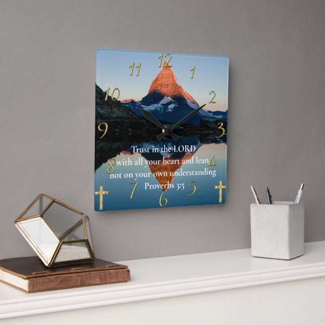 Reloj Cuadrado Proverbios 3:5 Lago de montaña de fe cristiana (Oficina)
