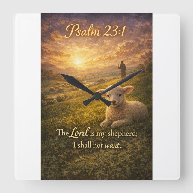 Reloj Cuadrado Psalm 23:1 Bible Christian Lamb Wall Clock (Anverso)