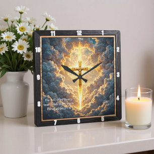 Reloj Cuadrado Puerta del Cielo Crucifijo Dorado Jesús Apocalipsi