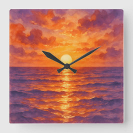 Reloj Cuadrado Puesta de sol ardiente - Estilo de pintura en acua