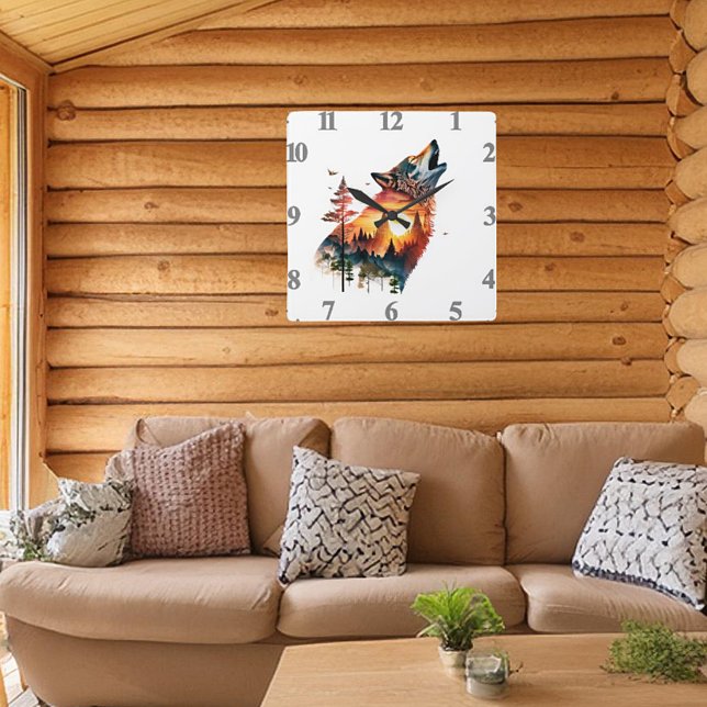 Reloj Cuadrado Puesta de sol de doble exposición de lobo (Subido por el creador)