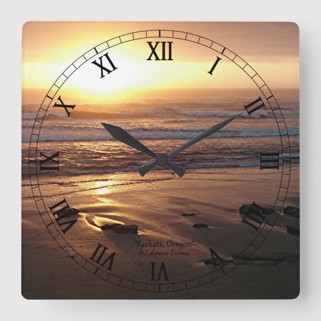 Reloj Cuadrado "Puesta del sol de la playa en Yachats, Oregon" (Anverso)