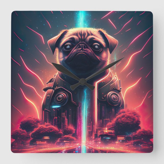 Reloj Cuadrado Pug Adorable con Disfraz de Robot Futurista (Anverso)
