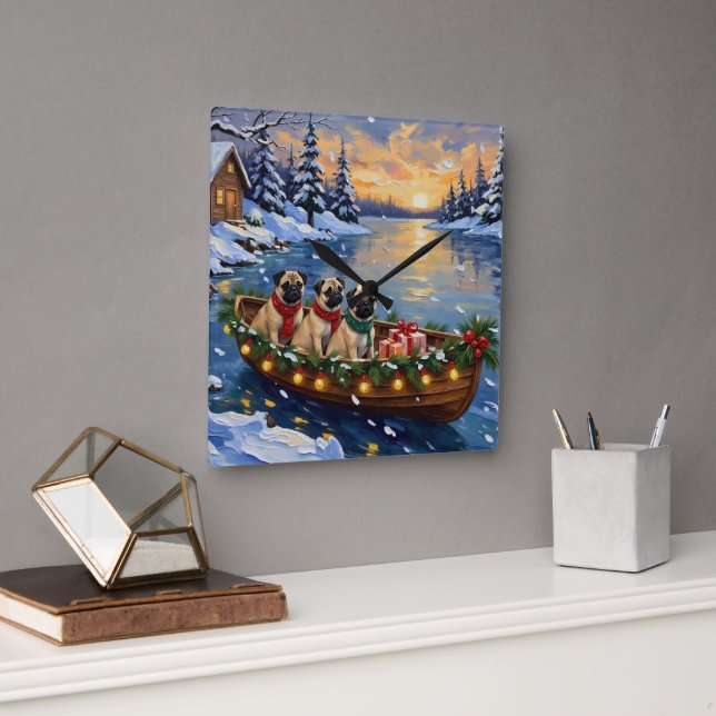 Reloj Cuadrado Pug Christmas Boat Holiday (Oficina)
