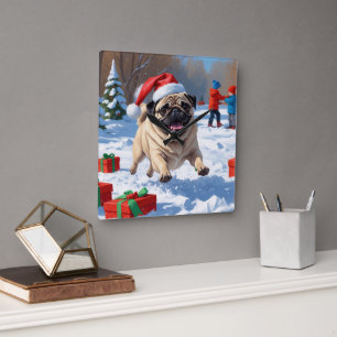 Reloj Cuadrado Pug corriendo en la nieve con sombrero de Navidad