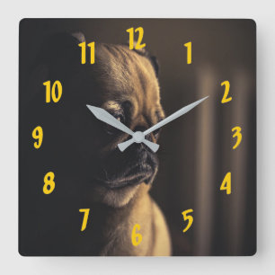 Reloj Cuadrado Pug Profundo en Pensamiento