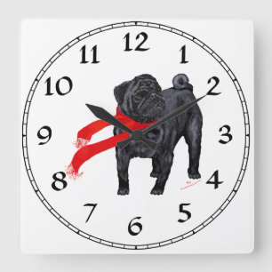 Reloj Cuadrado Pugs con Bufanda Roja