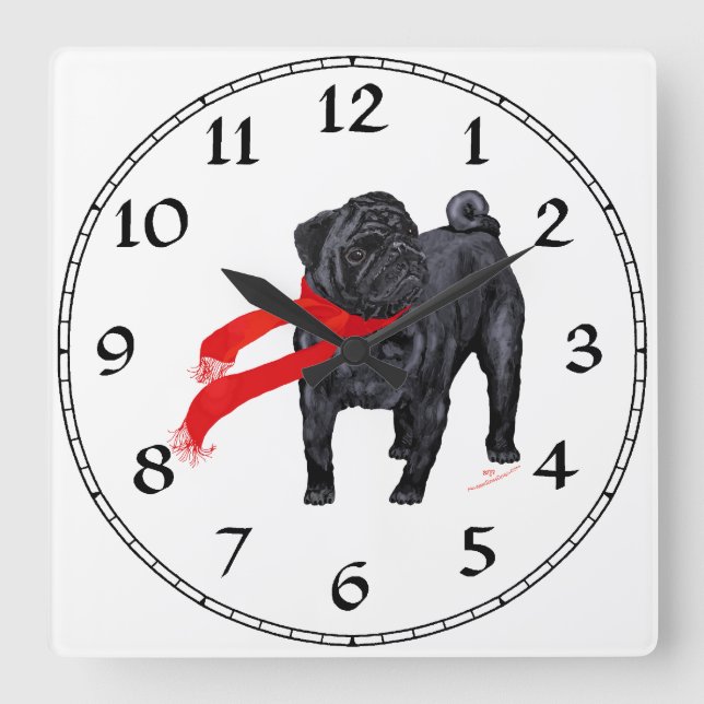 Reloj Cuadrado Pugs con Bufanda Roja (Anverso)