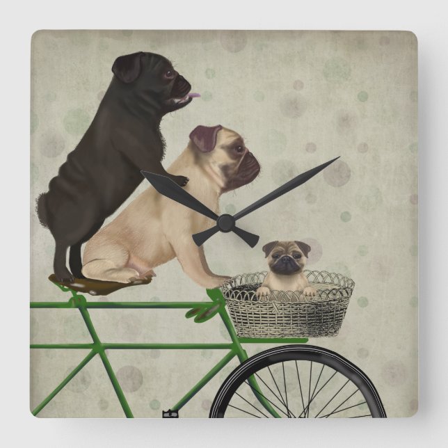 Reloj Cuadrado Pugs on Bicycle (Anverso)