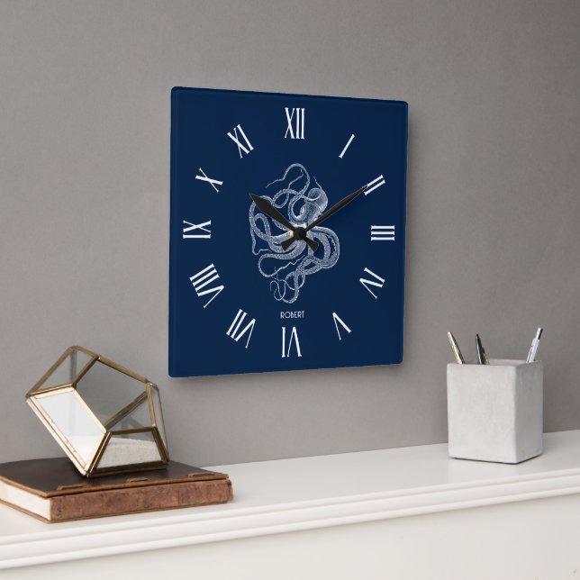 Reloj Cuadrado Pulpo blanco Numerales romanos sobre azul oscuro (Oficina)