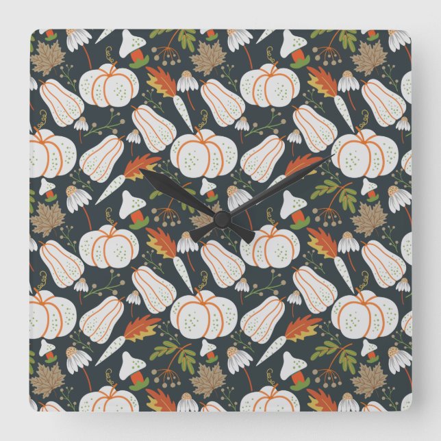 Reloj Cuadrado Pumpkin seamless pattern floral black and white (Anverso)