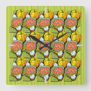 Reloj Cuadrado Pumpkins, Soup and Striped Background