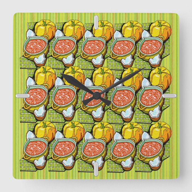 Reloj Cuadrado Pumpkins, Soup and Striped Background (Anverso)