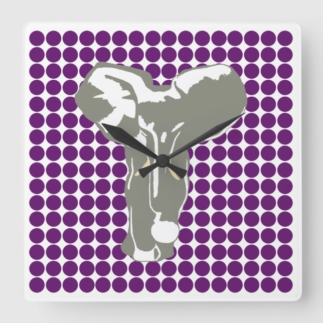 Reloj Cuadrado Punto safari violeta africano con elefante de arte (Anverso)