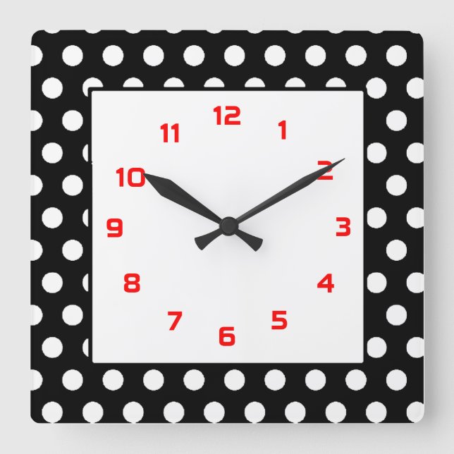 Reloj Cuadrado Puntos de polca negro y blanco (Anverso)