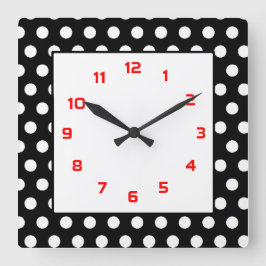 Reloj Cuadrado Puntos de polca negro y blanco