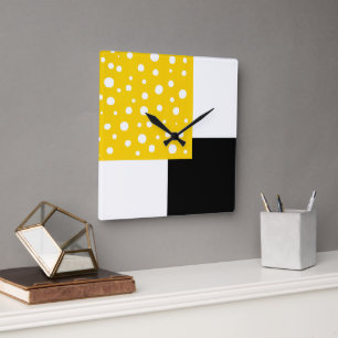 Reloj Cuadrado Puntos de polka blanco amarillos geométricos negr