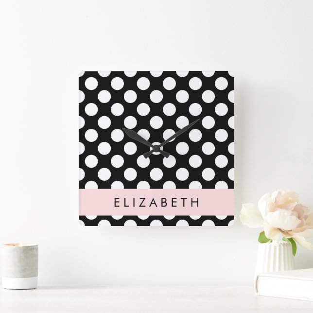 Reloj Cuadrado Puntos de Polka blancos y negros, punteados, tu no (Hogar)