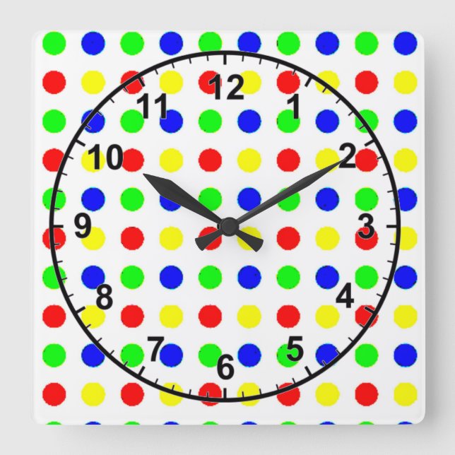 Reloj Cuadrado Puntos de polka coloreados (Anverso)
