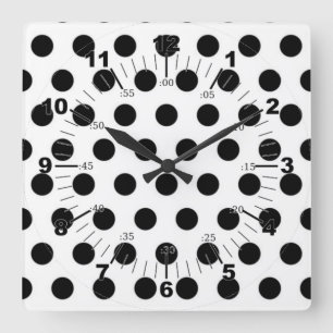 Reloj Cuadrado Puntos de polka negro sobre fondo blanco