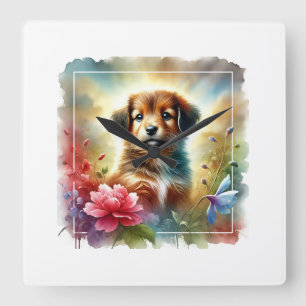 Reloj Cuadrado Puppy in a colorful day 040924AREF115 - Watercolor