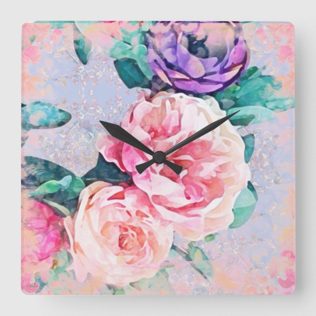 Reloj Cuadrado Purple and Pink Peony Wreath Wall Clock (Anverso)