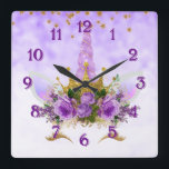 Reloj Cuadrado Purple Fantasy and Golden Stars Unicorn<br><div class="desc">A pretty purple unicorn clock featuring a cute unicorn face of purple with gold eyelashes, golden crown and purple horn, complete with purple floral headpiece of purple roses and other purple flowers, pink fluffy clouds and gold stars, this adorable unicorn clock would make a great birthday gift for a little...</div>