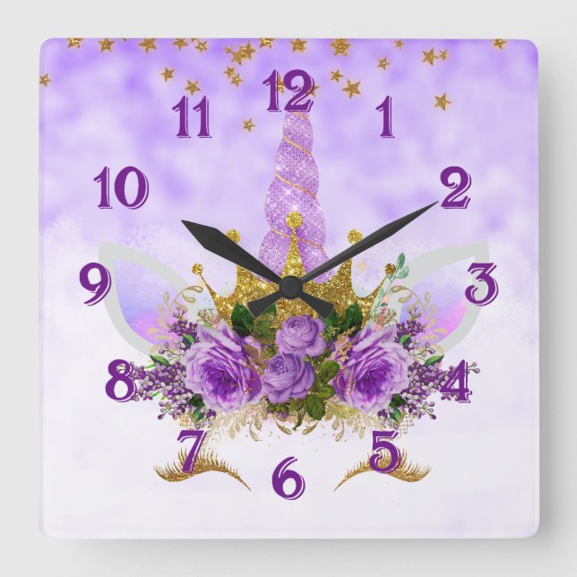 Reloj Cuadrado Purple Fantasy and Golden Stars Unicorn (Anverso)