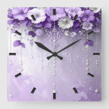 Purple Flowers with Dangling Pearls Wall Clock