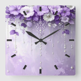 Reloj Cuadrado Purple Flowers with Dangling Pearls Wall Clock