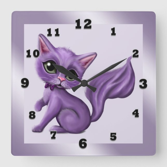Reloj Cuadrado Purple Kitty Square Wall Clock (Anverso)
