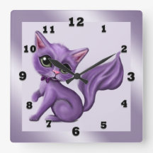 Purple Kitty Square Wall Clock