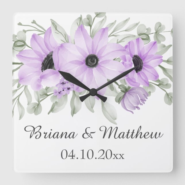 Reloj Cuadrado Purple Simple Elegante Floral Bridal Shower Gift (Anverso)