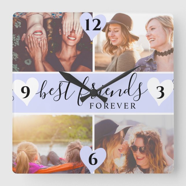 Reloj Cuadrado púrpura mejor amigo nombre de guión 4 collage de f (Anverso)