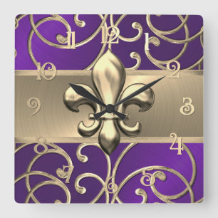 Reloj Cuadrado Púrpura y dorada Filigree Swirls Fleur de Lis