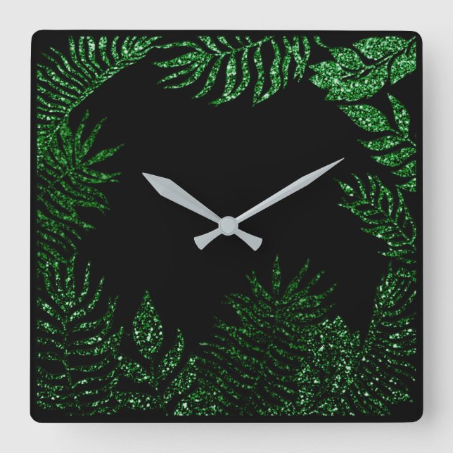 Reloj Cuadrado Purpurina botánico de palmeras verdes profundas de (Anverso)
