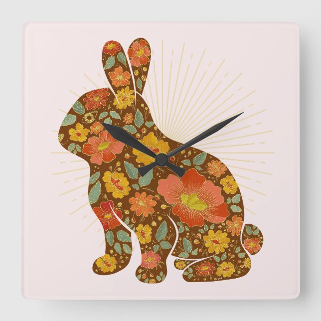 Reloj Cuadrado Purpurina Bunny Gold Floral Pink Brown (Anverso)