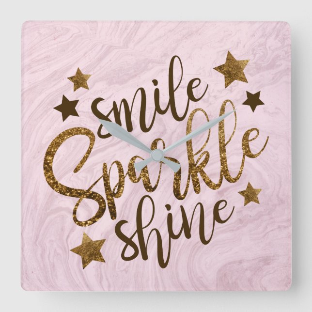 Reloj Cuadrado Purpurina de motivación rosado abstracto de mármol (Anverso)