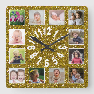Reloj Cuadrado Purpurina de oro 12 Collage de fotos