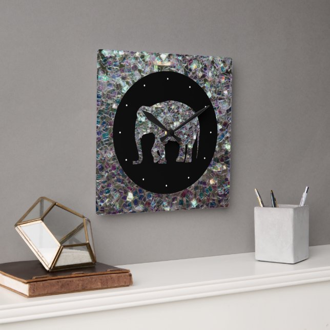 Reloj Cuadrado Purpurina elefante de mosaico de plata espárrago (Oficina)
