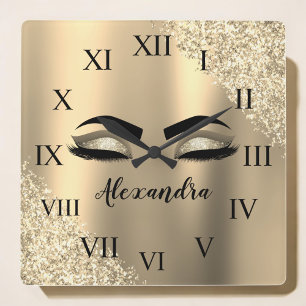 Reloj Cuadrado Purpurina Gold Sparkle Eyelashes Monograma Nombre
