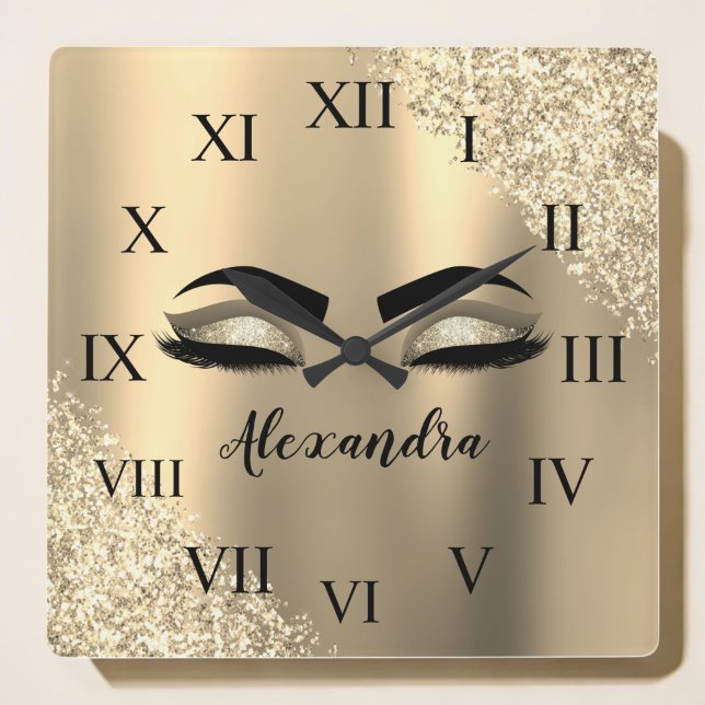 Reloj Cuadrado Purpurina Gold Sparkle Eyelashes Monograma Nombre (Subido por el creador)