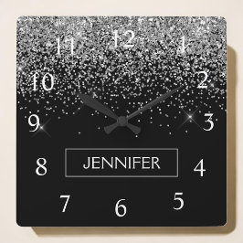 Reloj Cuadrado Purpurina negro plateado Monograma Girly Nombre