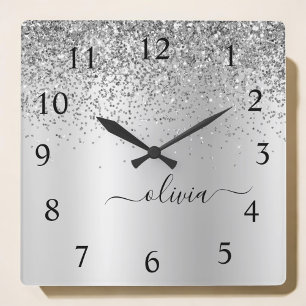 Reloj Cuadrado Purpurina plateado Glam Monograma Metalizado Nombr
