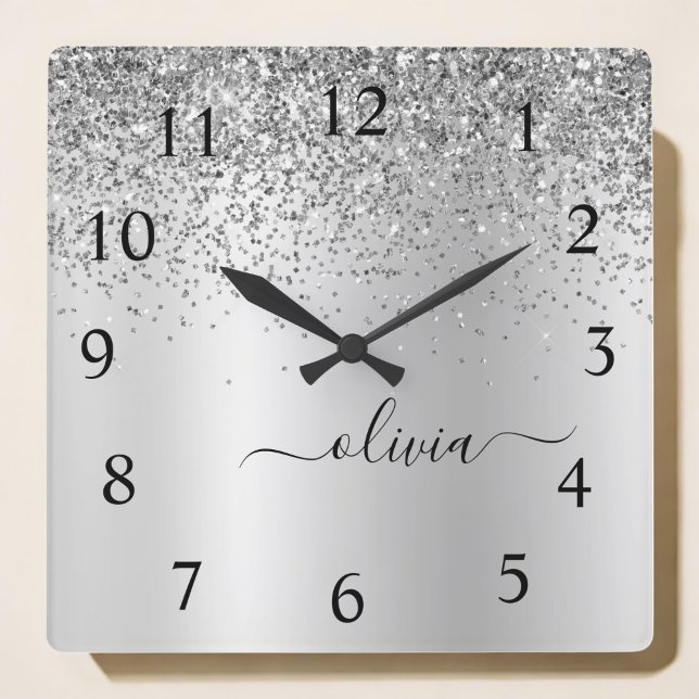 Reloj Cuadrado Purpurina plateado Glam Monograma Metalizado Nombr (Subido por el creador)
