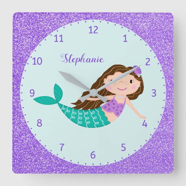 Reloj Cuadrado Purpurina púrpura de sirena suave personalizado (Anverso)