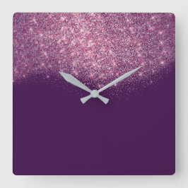 Reloj Cuadrado Purpurina violeta púrpura Confetti Rosa Glam