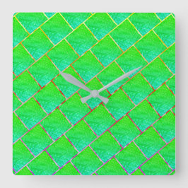 Reloj Cuadrado Quadrados verde azulado, linhas em três cores.