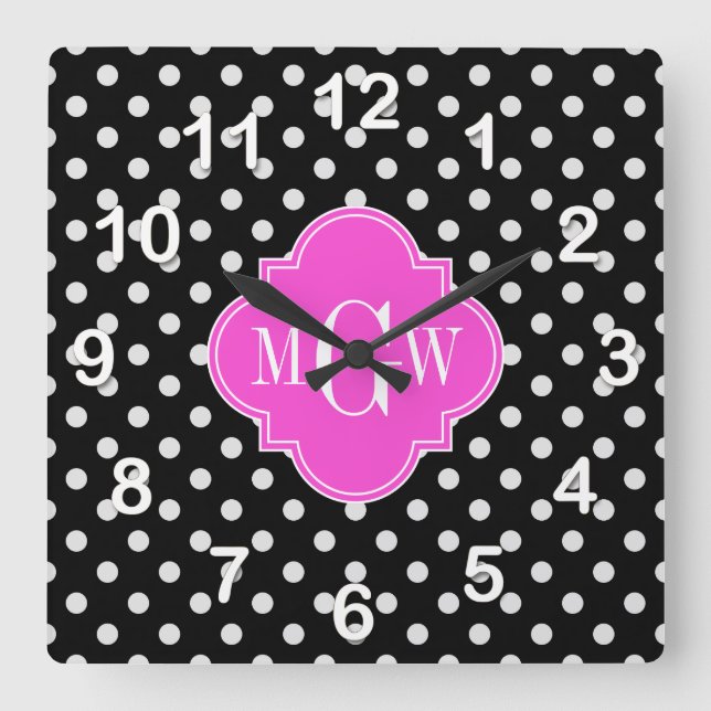 Reloj Cuadrado Quatrefoil rosa caliente de punto de polka blanco  (Anverso)