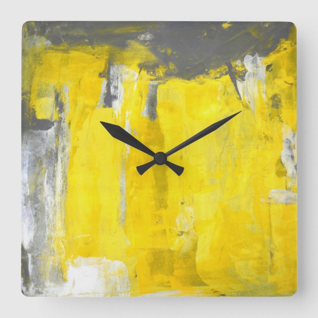 Reloj Cuadrado "Quinto" arte abstracto gris y amarillo (Anverso)